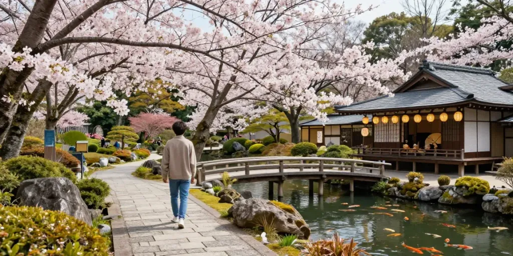 SAKURA88 menjelajahi keindahan taman Jepang dengan bunga sakura yang sedang mekar.