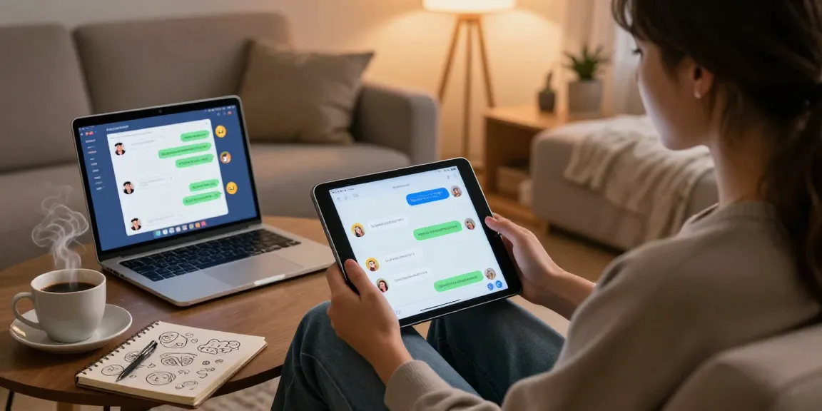 Engaging in an ai chat nsfw within a cozy living room, tech-savvy atmosphere with tablet and laptop.