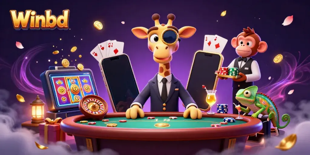 Winbd high-roller giraffe at a luxury casino table among vibrant game elements.