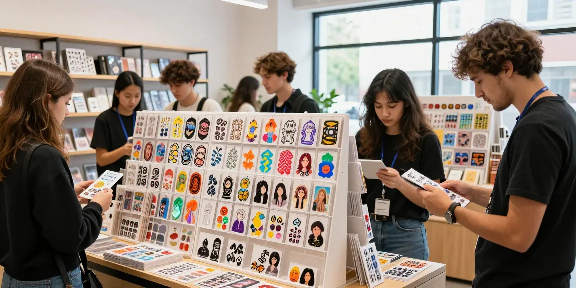 Customers exploring vibrant custom stickers in a lively retail environment, showcasing personalised designs and creative choices.