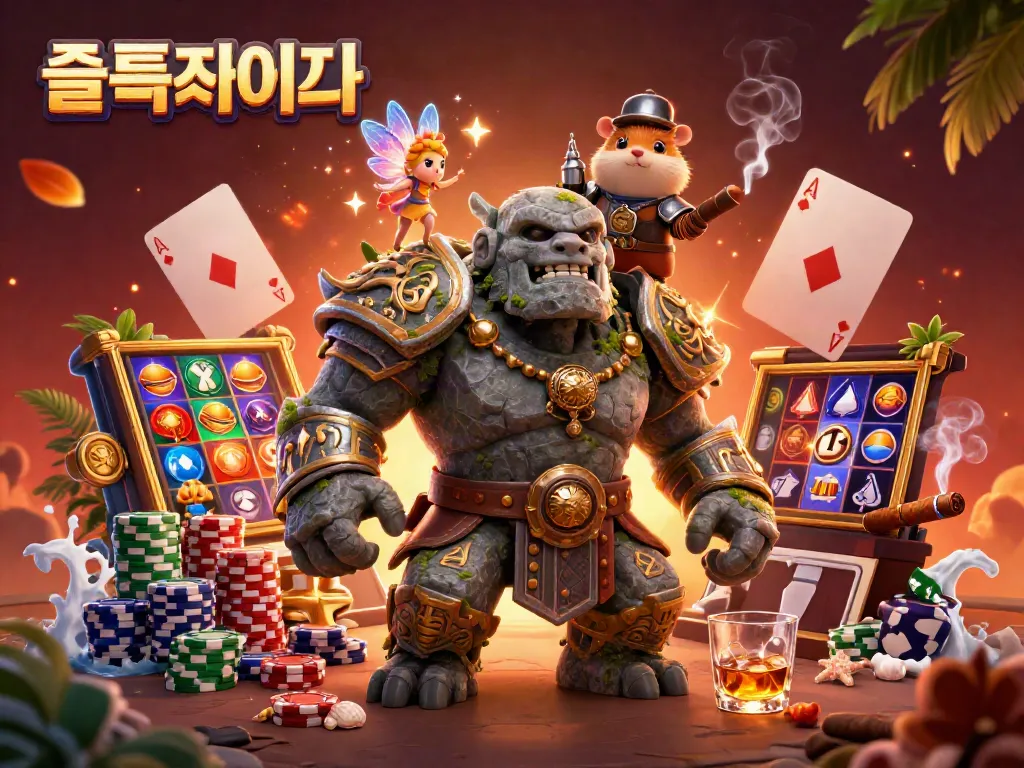 Experience the vibrant world of 슬롯사이트 with magical creatures amidst a poker scene.