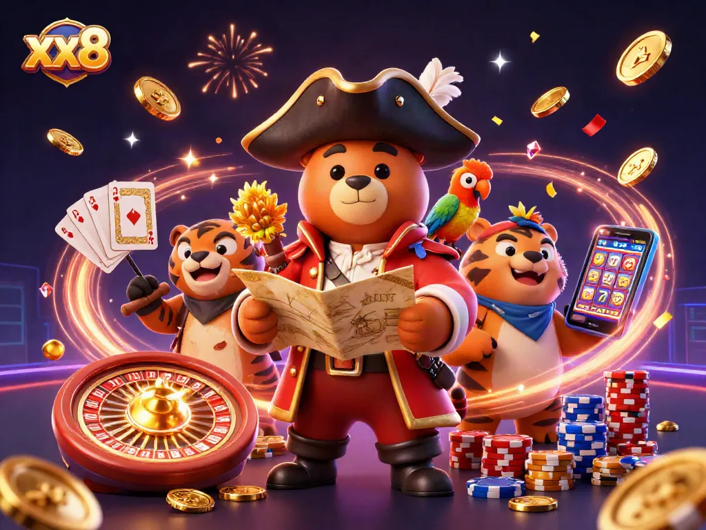 Spin and win at xx8 with a vibrant 3D pirate-themed casino adventure featuring cards and coins.