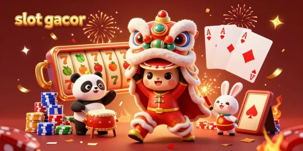 Experience thrilling slot gacor action with a vibrant festival illustration featuring lively characters and casino symbols.