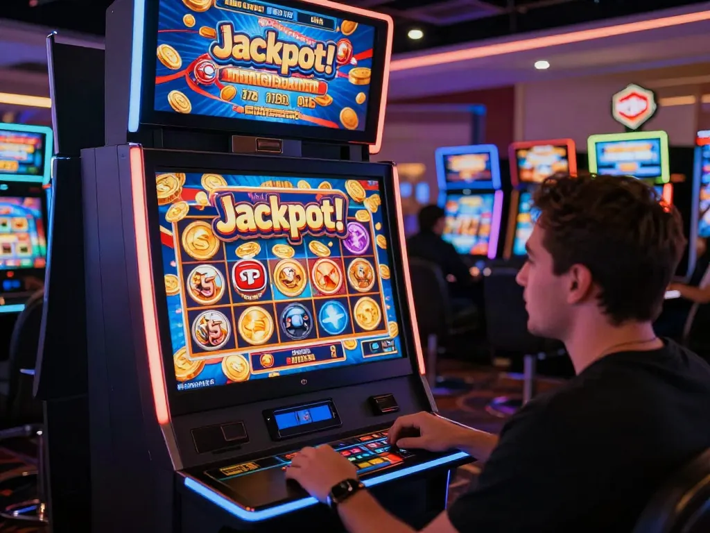 Player celebrating a slot jackpot win in a lively online casino environment with dynamic graphics and gaming excitement.