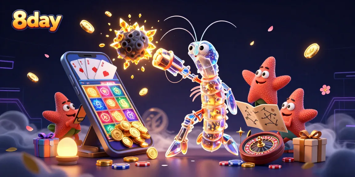 Engage in brilliant gaming action with 8day as colorful coins, slot games, and characters collide.