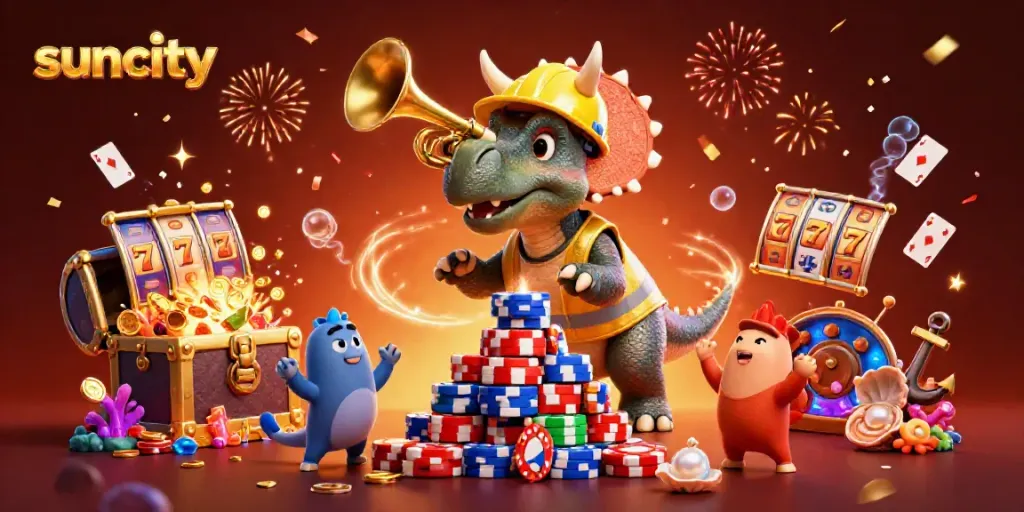 Engage with suncity's dynamic casino scene featuring a cheerful dinosaur trio celebrating poker victories.