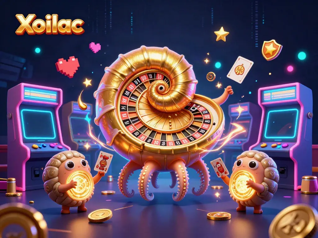 Xoilac showcases a vibrant casino scene with a giant nautilus roulette wheel and glowing game elements.