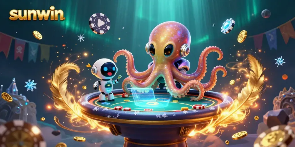 Experience sunwin's vibrant games with a cosmic octopus dealer and shining poker chips in a rich 3D scene.