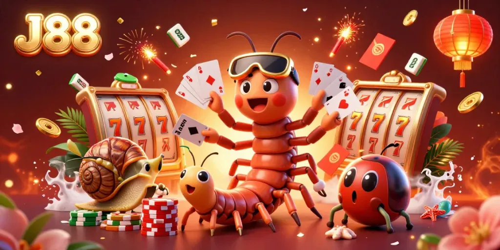 Experience the excitement of J88 with a vibrant scene of a millipede dealer and high-roller snail amidst dynamic gambling elements.