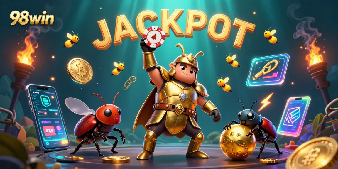Experience the thrilling wins at 98win with a victorious beetle championing a jackpot!