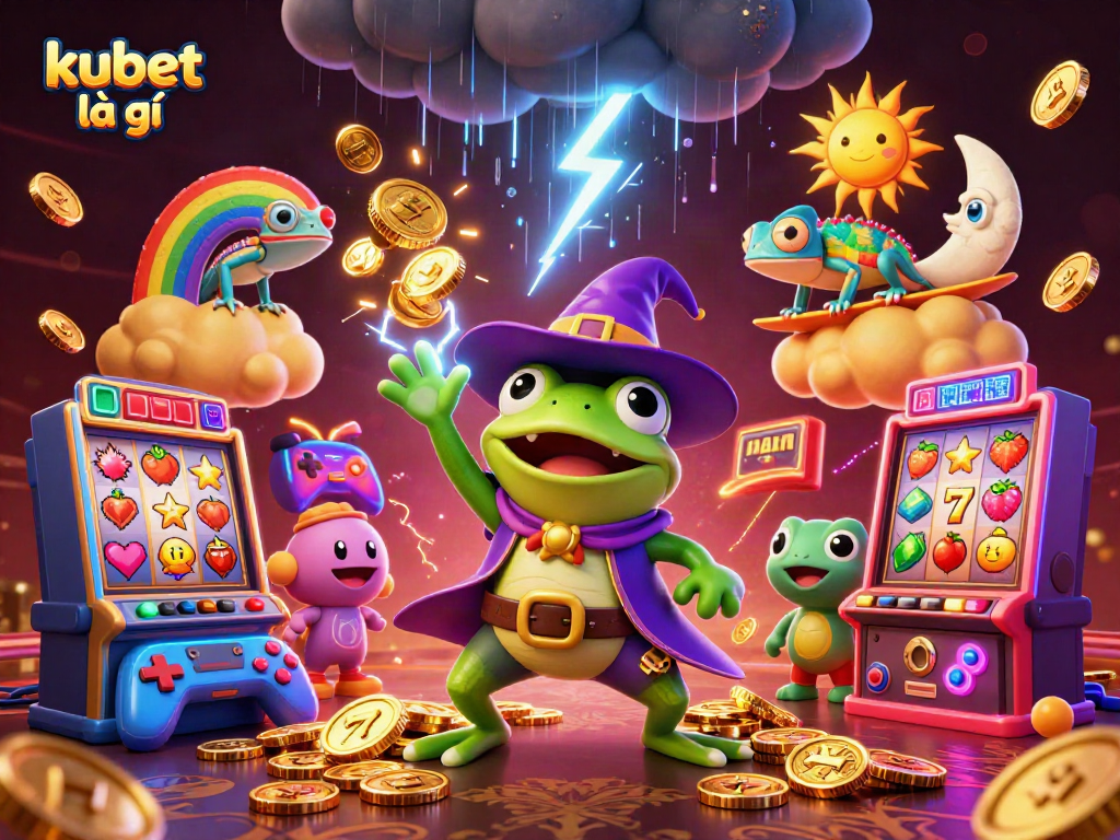 Spin the reels and discover kubet là gì amidst a vibrant casino scene of golden coins and cartoon characters.