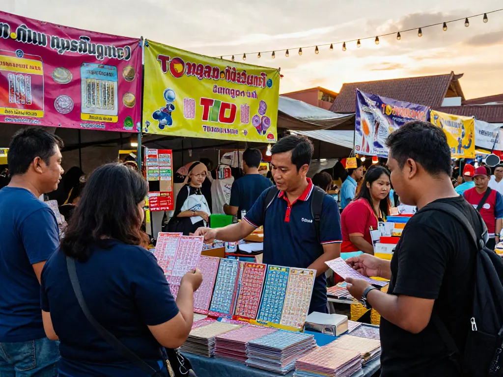 People engaging at a vibrant market for togel online lottery tickets, showcasing excitement and community.