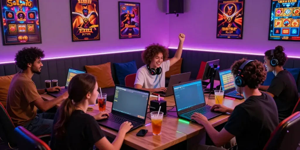 Friends enjoying an exciting gaming session with online slots.