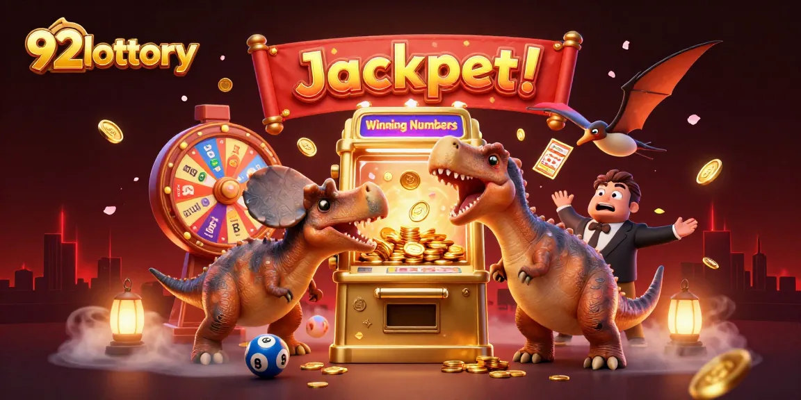 Engaging scene of 92lottery machine with characters celebrating jackpot wins amid vibrant lottery elements.