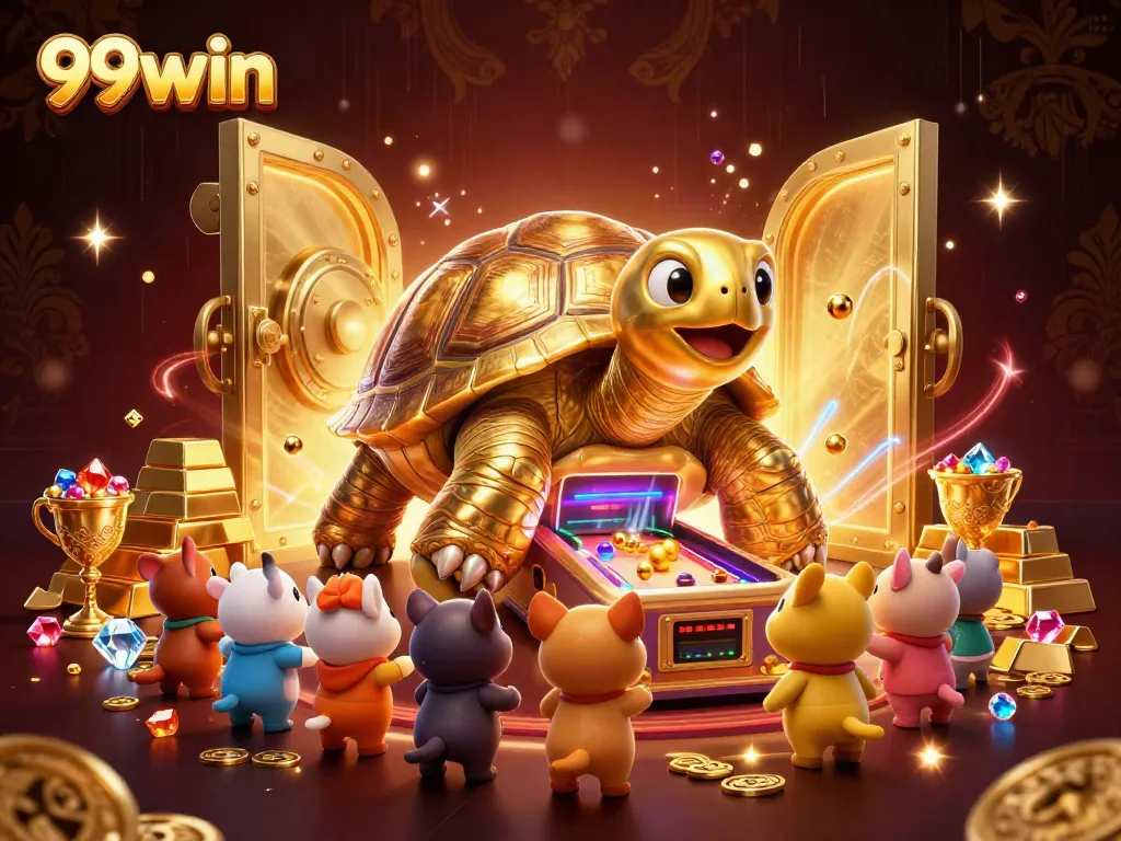 Experience the thrill of 99win with a vibrant illustration of gaming excitement and golden treasures.