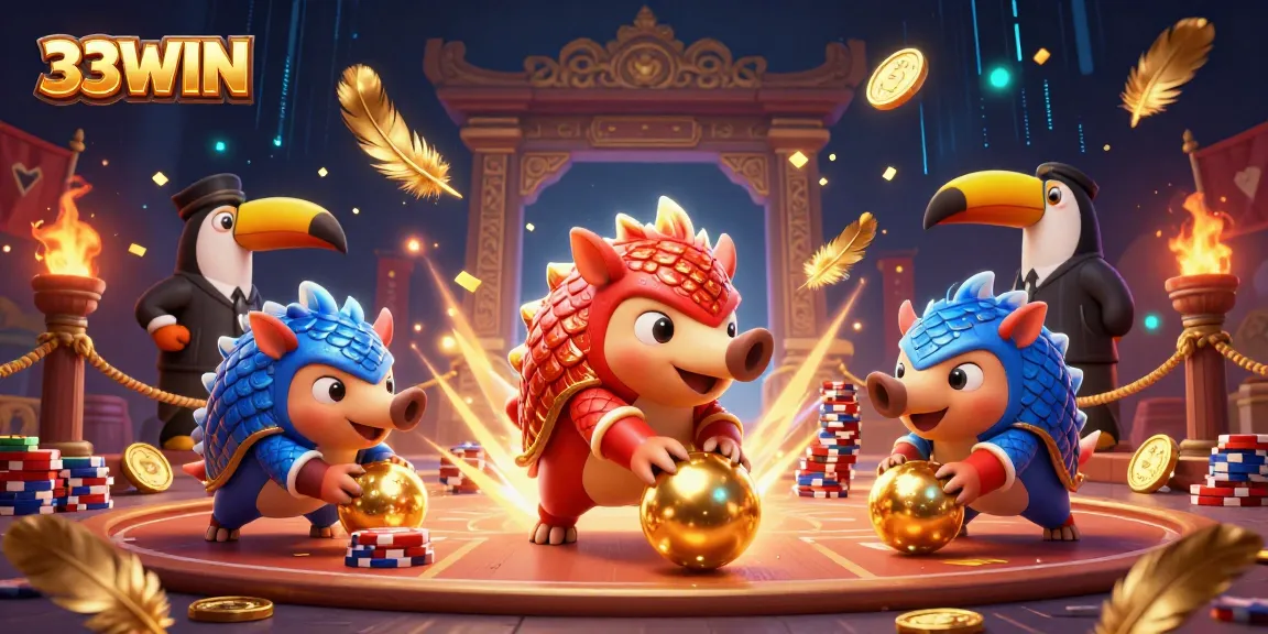 33WIN pangolins compete in a dynamic casino setting with vibrant elements and action.