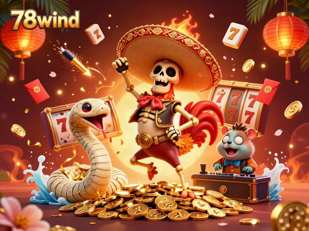 Join the fun at 78wind casino with lively characters celebrating on golden rewards!