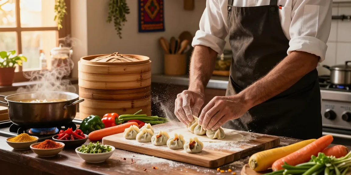 rokok88 chef making momo dumplings with fresh ingredients in a vibrant kitchen