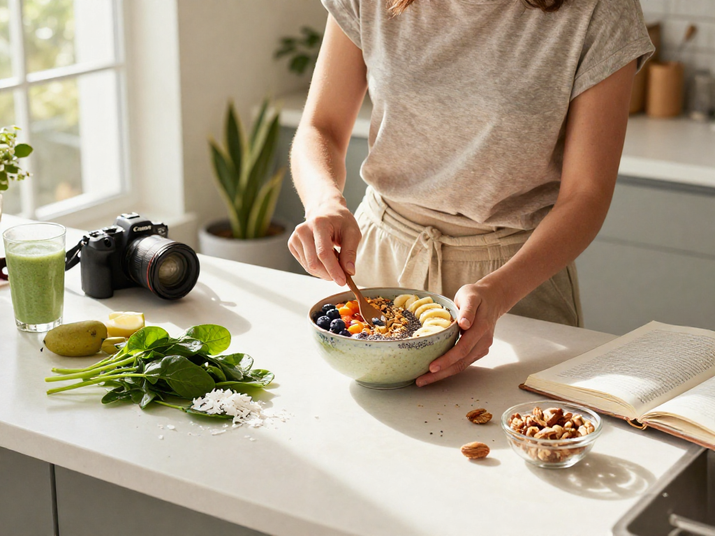 Motchill smoothie bowl preparation scene with vibrant fruits and healthy ingredients