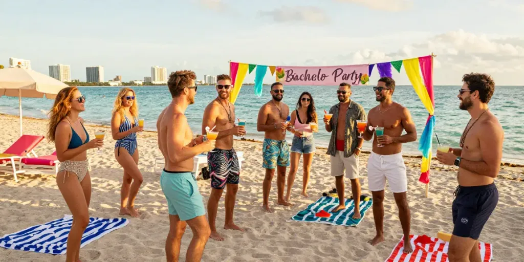 Miami bachelor party strippers entertaining guests on a vibrant beach.