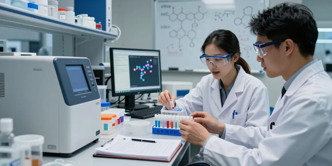 Scientist analyzing multi-vial peptide kits in a research laboratory with advanced equipment.