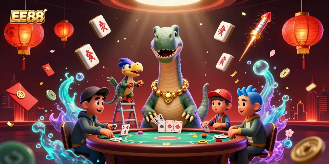 EE88 casino illustration featuring a giant brontosaurus interacting with a poker table and card dealer raptor.