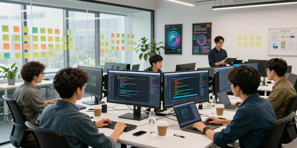 Developers collaborating on the NAGA2000 software in an energetic tech office.