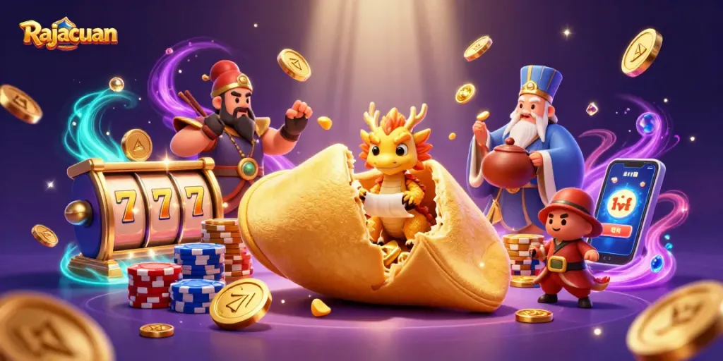 Experience the thrill of Rajacuan with slots and golden treasures in this dynamic casino illustration.