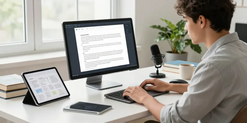 Professional using an AI writing tool at a modern desk, showcasing productivity and creativity.