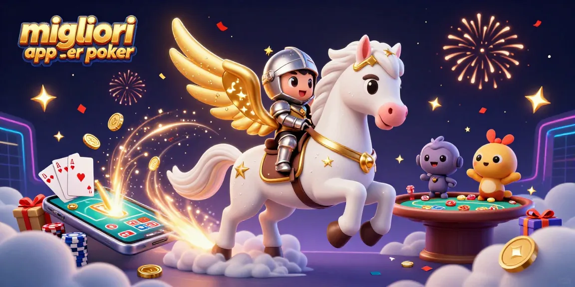 Scopri le migliori app per poker con un'illustrazione avvincente di un cavallo celestiale e personaggi animati.
