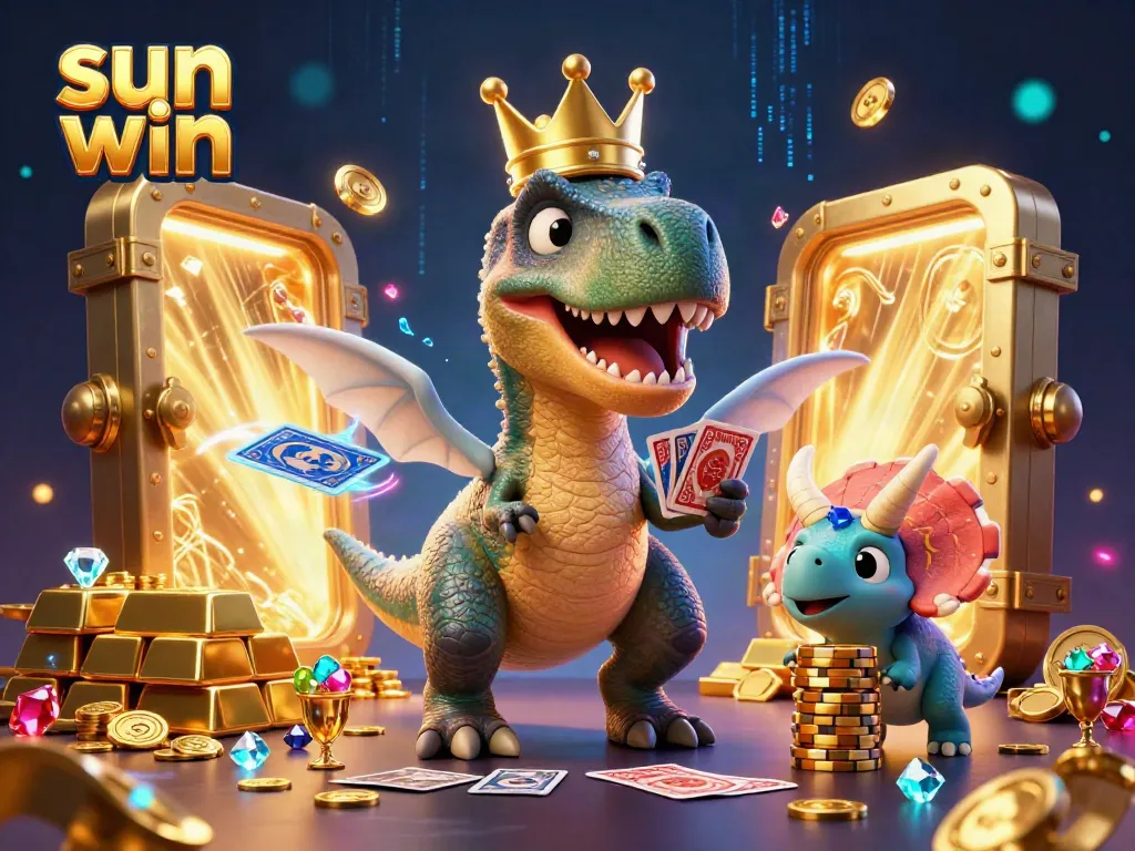 Engage in thrilling play at sun win's vibrant casino with dinosaurs, dynamic gaming elements, and dazzling treasures.