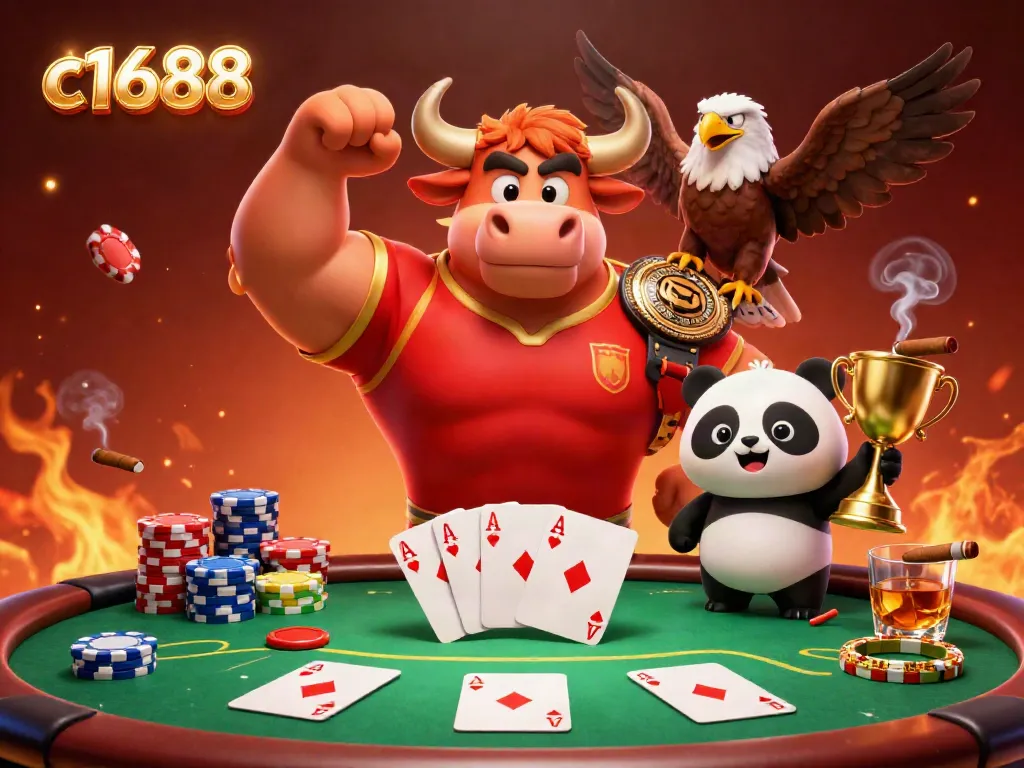 "Experience thrilling victories at c1688 with a dynamic casino scene featuring a jubilant bull, eagle, and panda surrounded by poker elements."