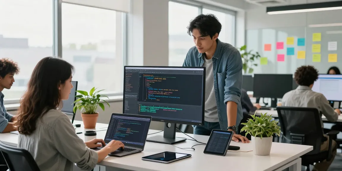 Collaboration at an RTI scheduler software development workspace with diverse team members discussing coding on a large monitor.