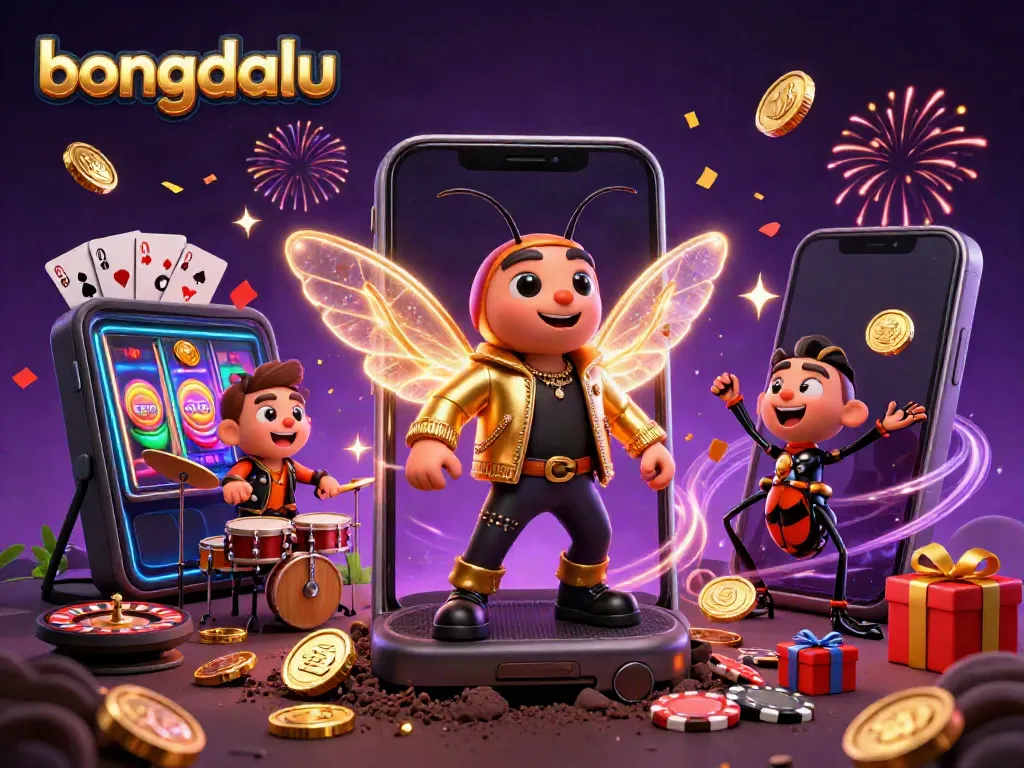 Experience the excitement of bongdalu as a cartoon rock star bursts with vibrant gaming elements.