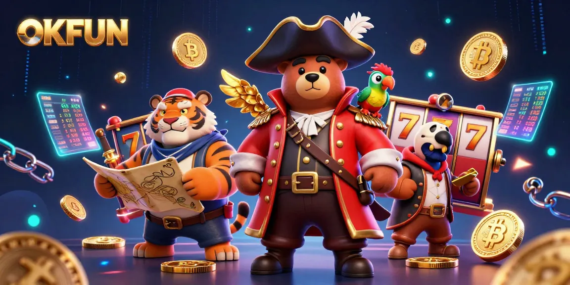 Join the excitement of OKFUN casino gaming with vibrant slot reels and 3D characters.