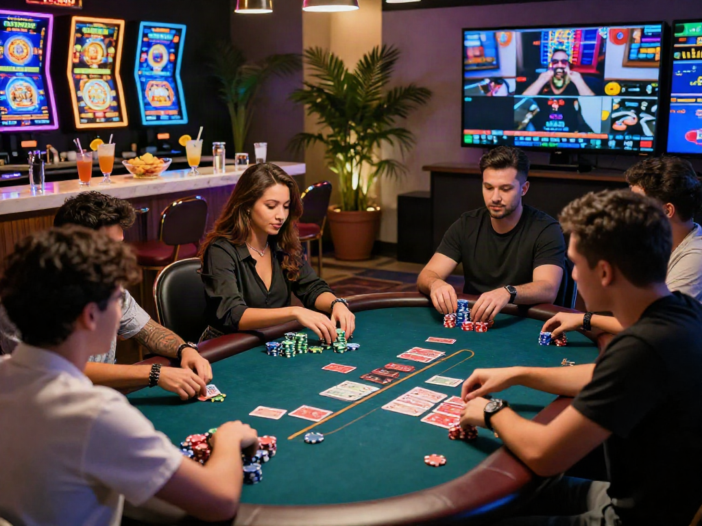 Dynamic gaming atmosphere at a situs casino online with players at a poker table, colorful chips and cards in play.