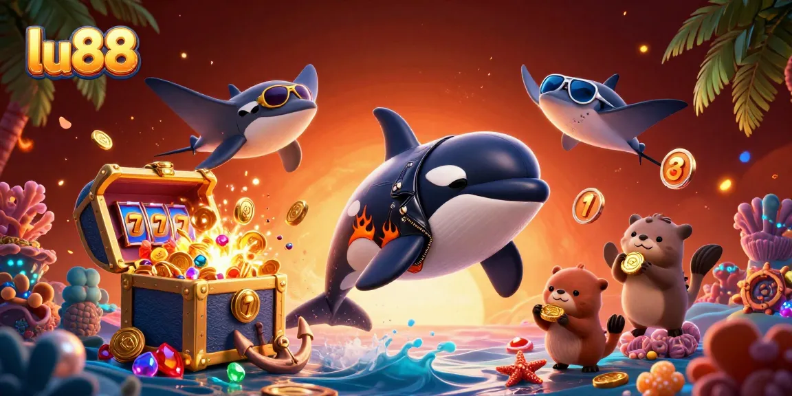 Experience thrilling wins at lu88 with playful sea creatures amidst floating slot reels and golden coins.