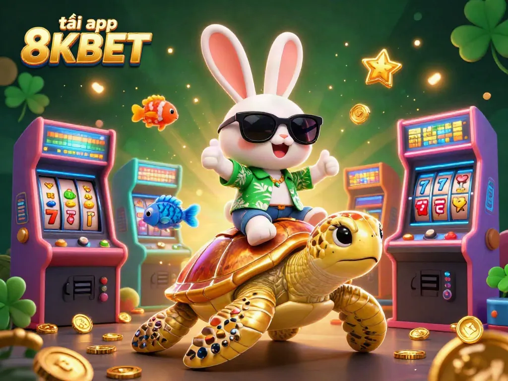 Tải app 8KBET visually captivating illustration featuring a lucky rabbit and golden turtle amidst vibrant gaming elements.