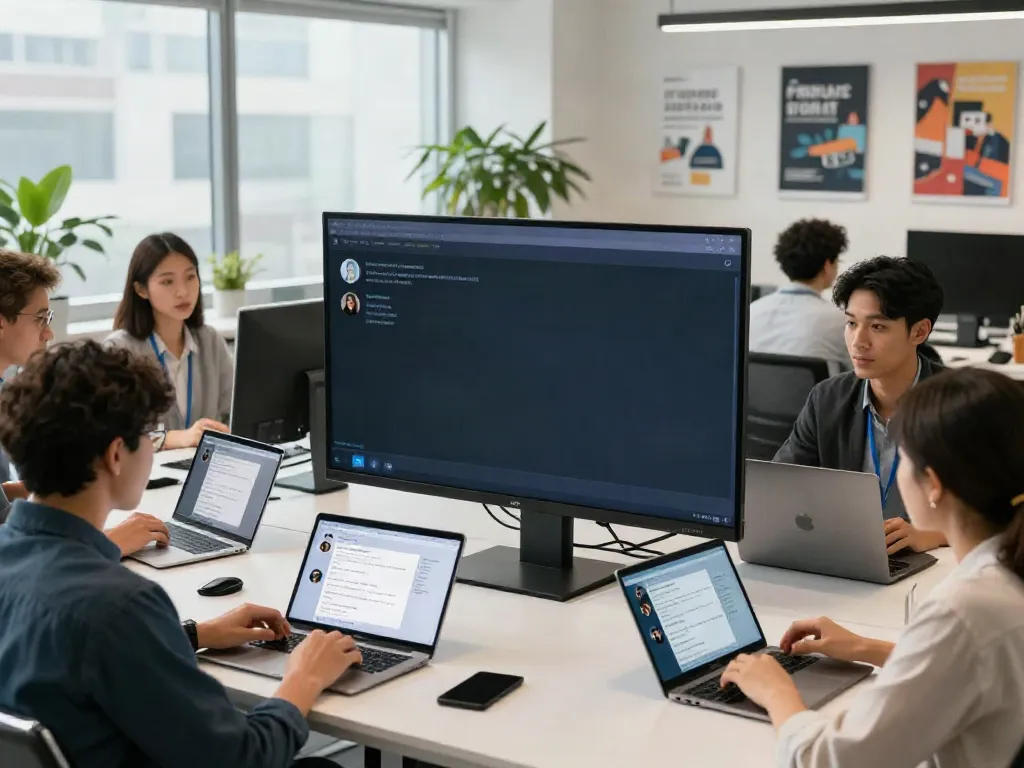 An interactive workspace demonstrating a diverse team collaborating on an unfiltered AI chat platform, innovative technology in use.