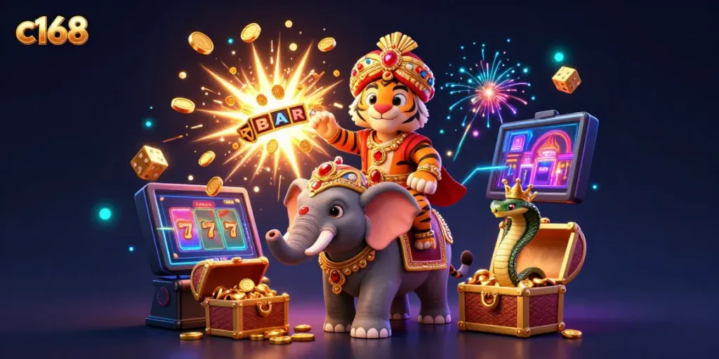 C168 vibrant casino scene with a cartoon tiger maharaja, elephant, cobra, and jackpot-winning slot machine.