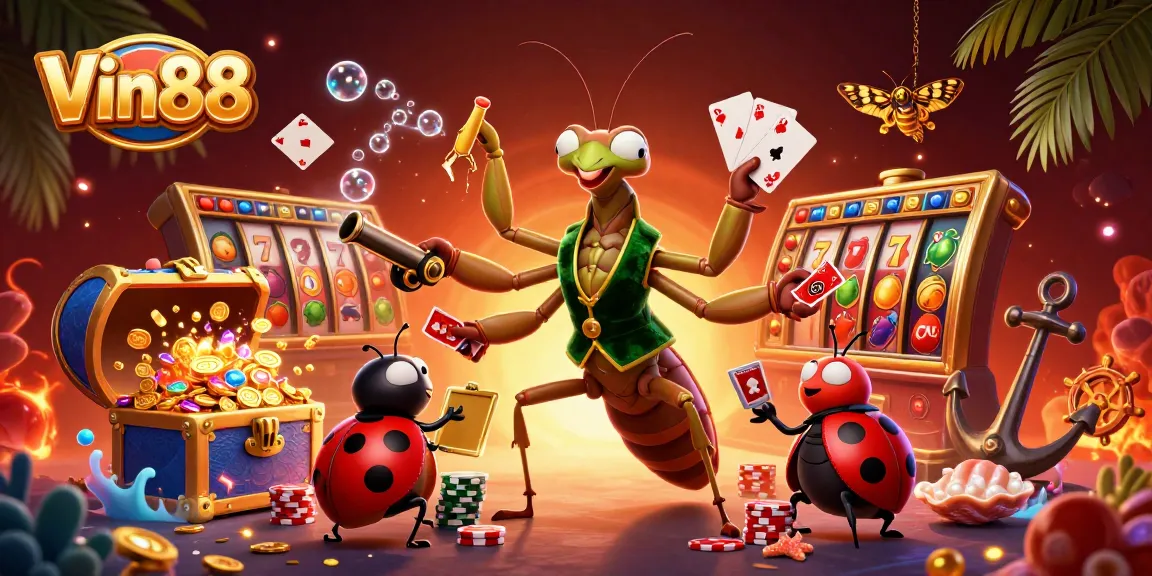 Experience Vin88's vibrant online casino scene with a praying mantis card sharp and tropical treasures.