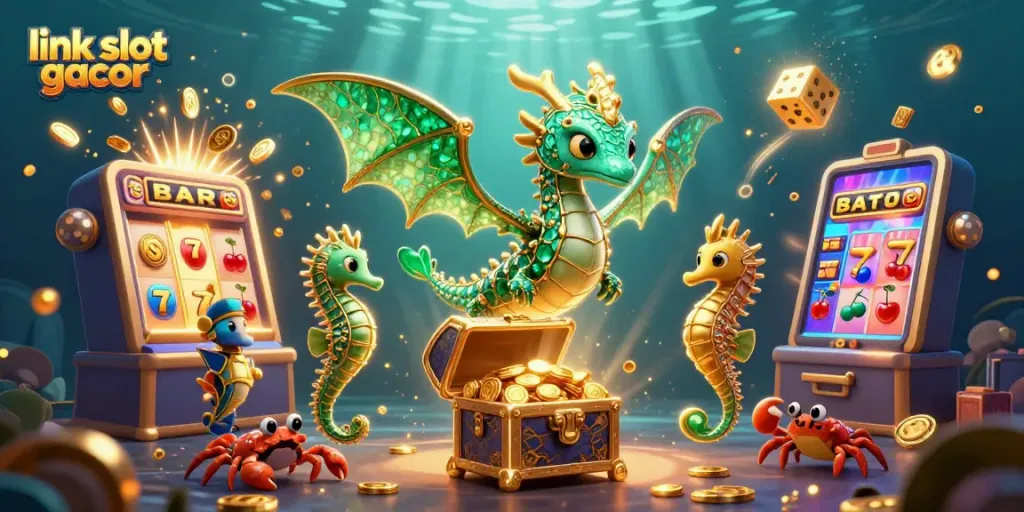 Engage with link slot gacor through this vibrant 3D casino illustration featuring a dragon and slot machine.