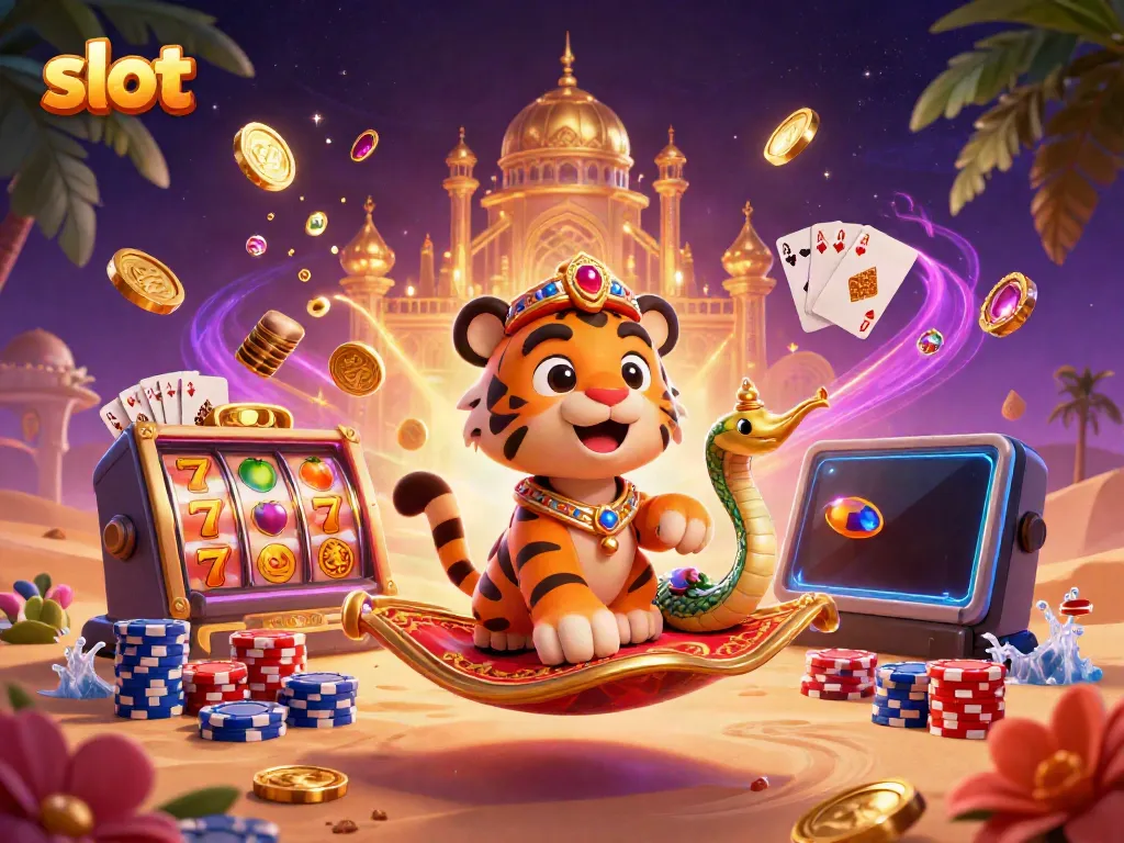 Spin the slot reels with the sultan in a rich 3D casino scene filled with gems and golden coins.