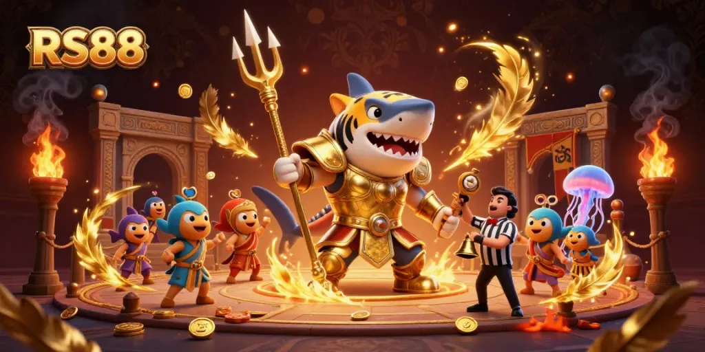 Engage with RS88's thrilling underwater casino scene featuring a gladiator shark, dynamic effects, and vibrant details.