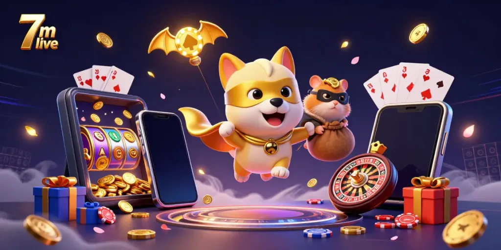 Bet on the winning moment with 7m live scores, featuring a superhero dog delivering golden coins.