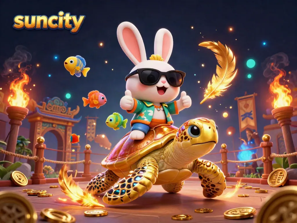 Suncity presents a vibrant 3D illustration of a lucky rabbit and golden turtle in an exciting casino scene.