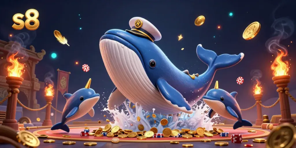 Experience s8's thrilling gaming moments with playful dolphins and a magnificent whale in a vibrant casino.