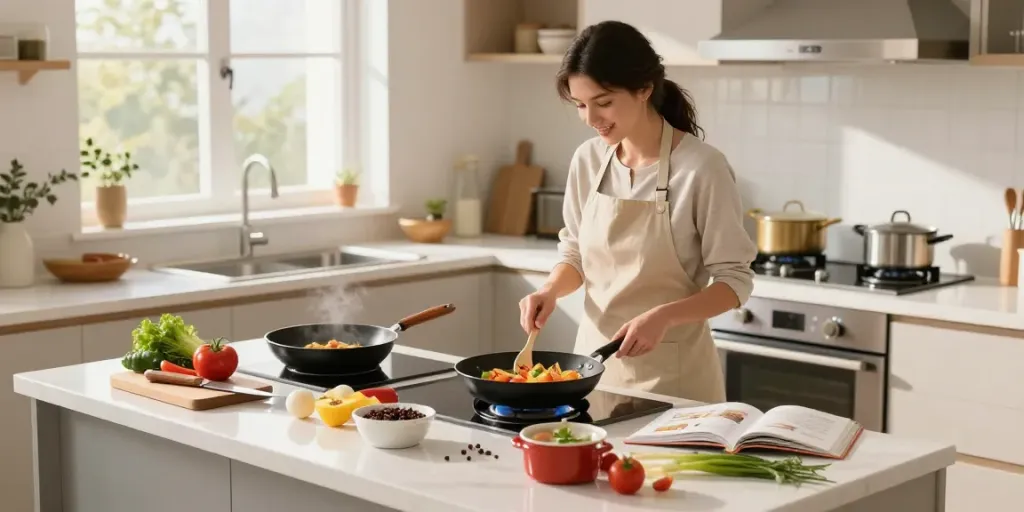 CookWare Price in Bangladesh displayed in a lively kitchen setting with various cookware and ingredients.