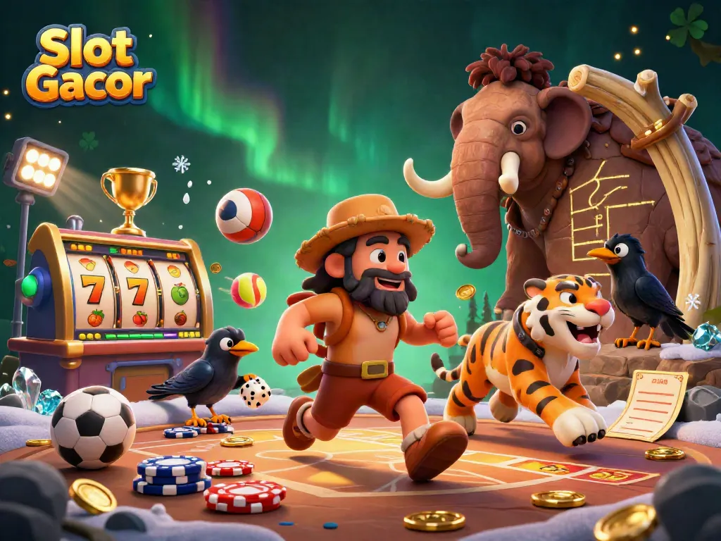 Ilustrasi Slot Gacor dengan karakter prasejarah dalam kasino, menghitung skor di dinding gua.
