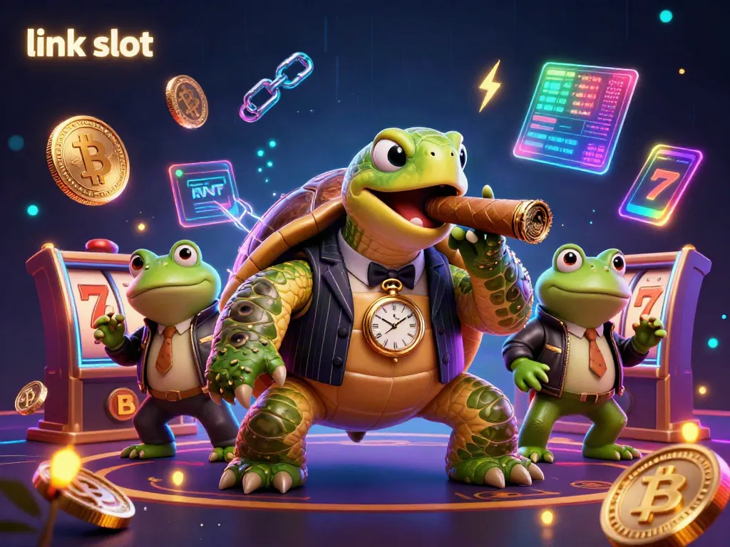 Engage with the latest link slot offerings in this vibrant, 3D casino-themed illustration highlighting a vintage mobster turtle.